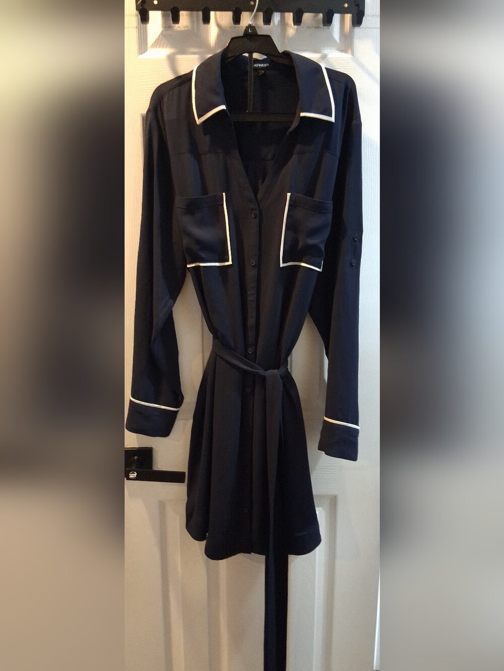 Express Navy Blue Button-Down Shirt Dress with Contrast Piping - Size XL